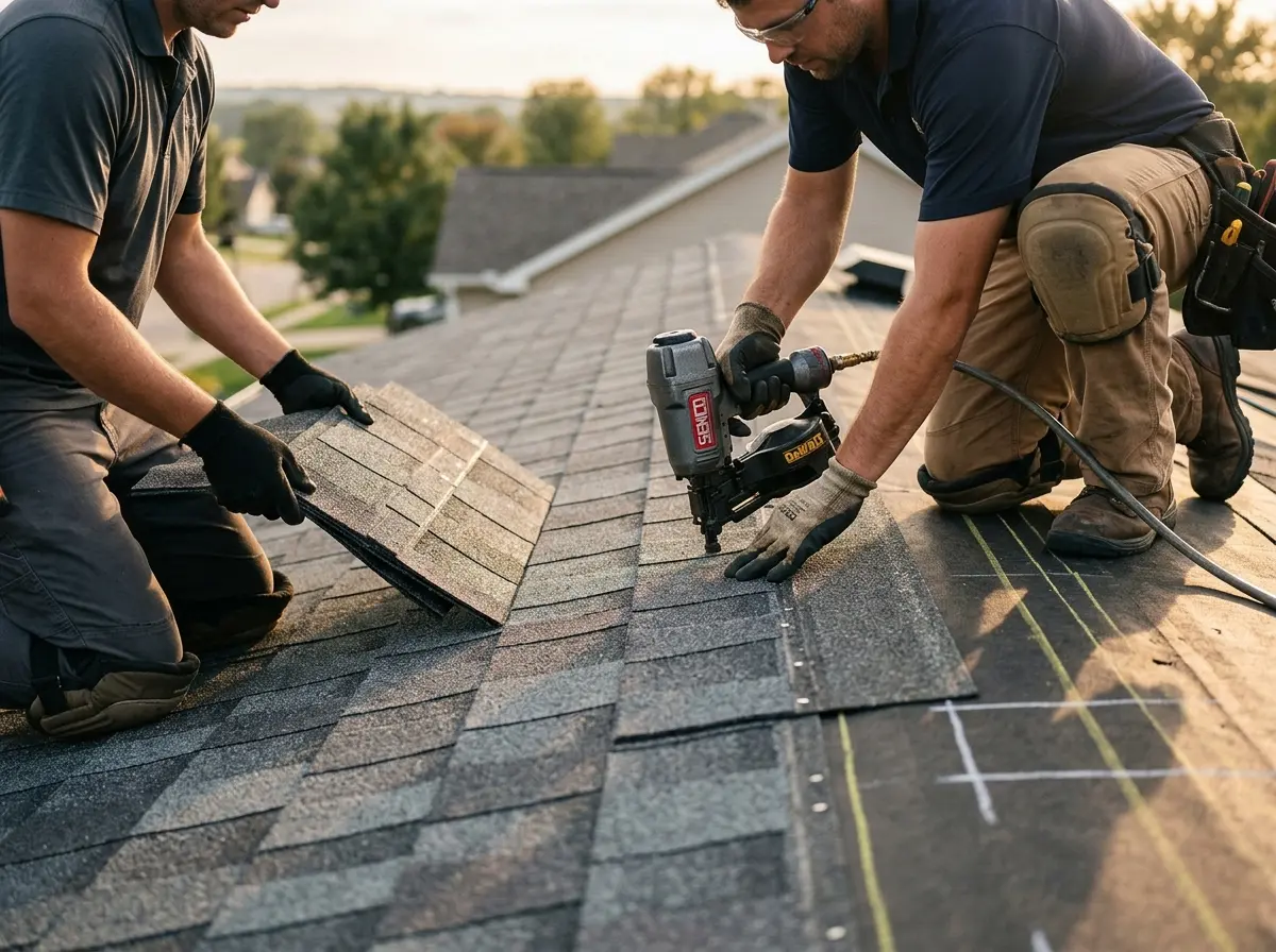 Professional roofer working on a residential roof in Frankfort Square